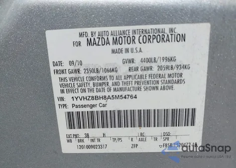 2010 Mazda Mazda6 I Sport z USA, uszkodzony, nr VIN 1YVHZ8BH8A5M54764